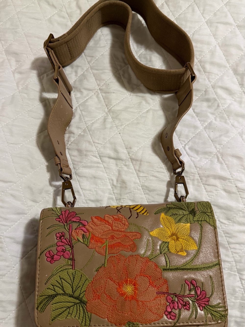 Floral Embroidered Crossbody Bag in Taupe
